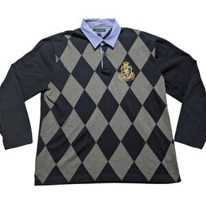 Tommy Hilfiger Collared Argyle Sweater Crest Logo Navy Grey Men 2XL Trim Fit